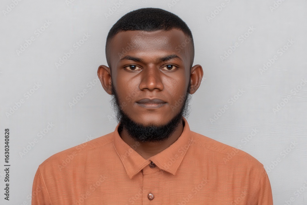 Obraz premium Confident male portrait in textured fabric shirt showcasing professional demeanor against a subtle gray background presenting modern self-expression and personal branding in today's digital age
