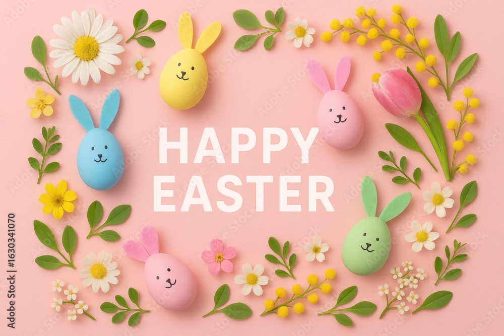 Obraz premium Happy Easter! A delightful arrangement of colorful Easter eggs nestled among vibrant flowers on a pink background, symbolizing joy and celebration