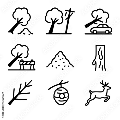 Treefall Hazards Icons. Outline icon set of treefall hazards: falling tree, broken power line, crushed car, blocked road, sawdust