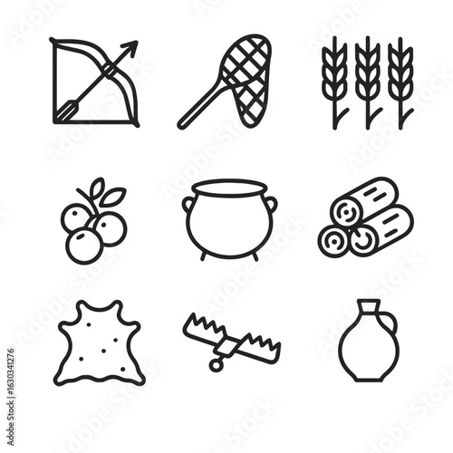 Tribal Food Icons. Outline icon set of tribal food and sustenance: hunting bow, fishing net, harvested crops, wild fruits, cooking