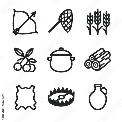 Tribal Food Icons. Outline icon set of tribal food and sustenance: hunting bow, fishing net, harvested crops, wild fruits, cooking