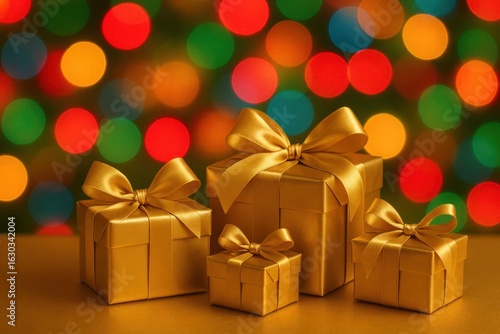 Wallpaper Mural A trio of golden presents wrapped in shiny ribbons stands proudly against a backdrop of twinkling Christmas lights, symbolizing the joy and anticipation of the holiday season Torontodigital.ca