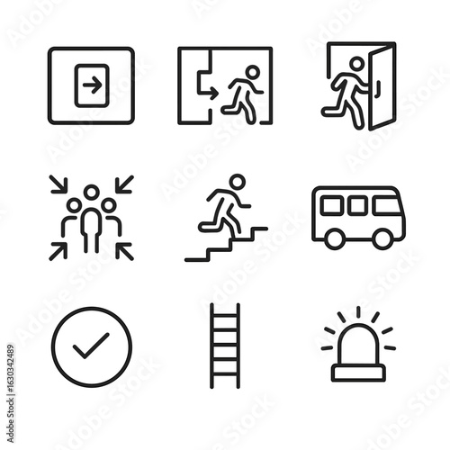 UI and Evacuation Icons. Outline icon set of UI warning states: invalid input icon, form error indicator, password weak warning,