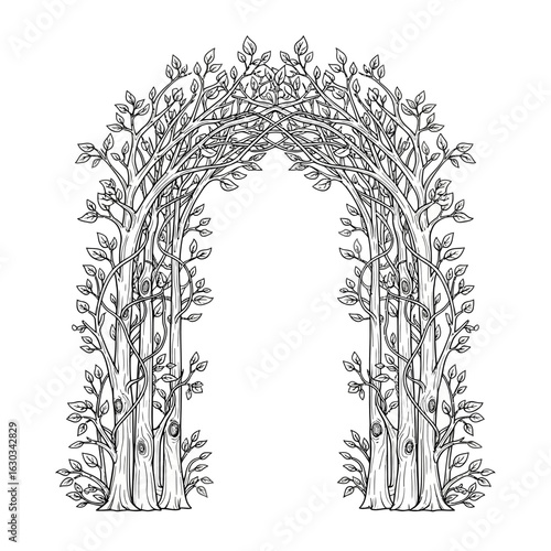 A symmetrical archway formed by intricately interwoven trees with detailed branches and leaves, presented as black and white line art.