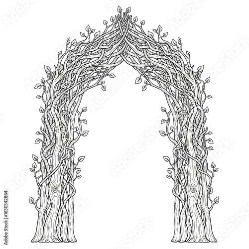 An ornate, illustrated archway formed by two trees with intricately woven branches and leaves.