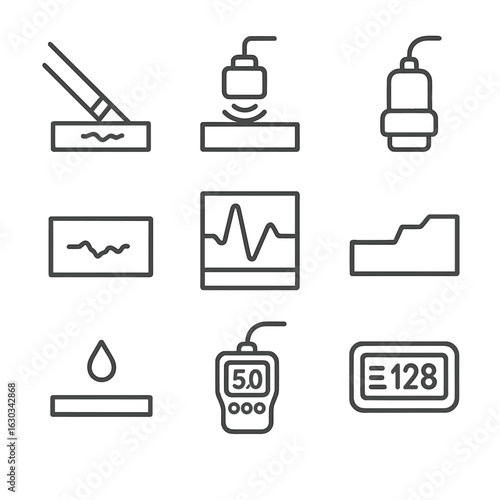 Ultrasound Testing Icons. Outline icon set of industrial ultrasound testing: flaw detection beam, ultrasonic sensor, transducer