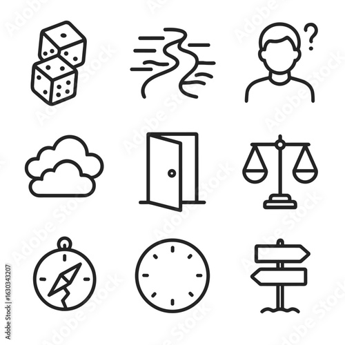 Uncertain Icon Set. Outline icon set of uncertain situations: rolling dice, foggy path, unsure person, cloudy sky, open door,