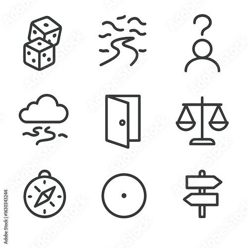 Uncertain Icon Set. Outline icon set of uncertain situations: rolling dice, foggy path, unsure person, cloudy sky, open door,