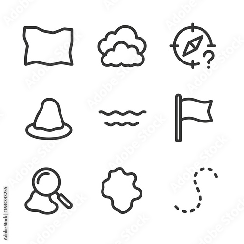 Uncharted Territory Icons. Outline icon set of unknown territory: blank map outline, fog of war icon, compass with question mark,