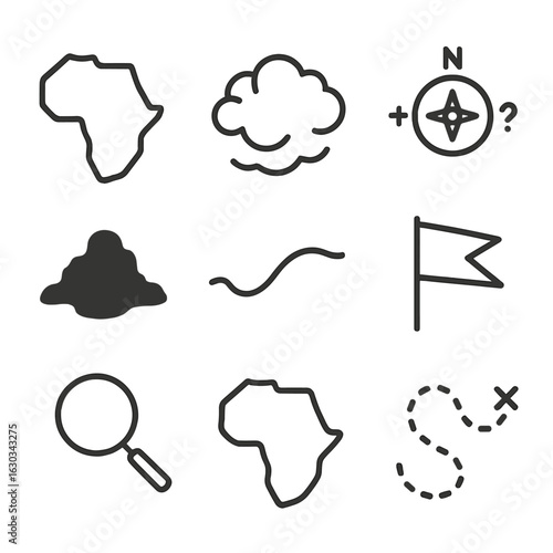 Uncharted Territory Icons. Outline icon set of unknown territory: blank map outline, fog of war icon, compass with question mark,