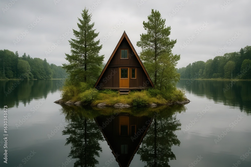 Fototapeta premium A solitary wooden cabin stands alone on a tranquil lake, its reflection dancing in the calm waters beneath a cloudy sky