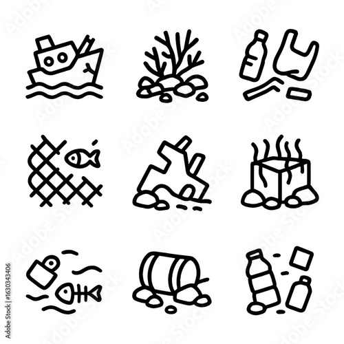Underwater Debris Icon Set. Outline icon set of underwater debris: sunken ship parts, coral rubble, plastic waste, fishing nets,