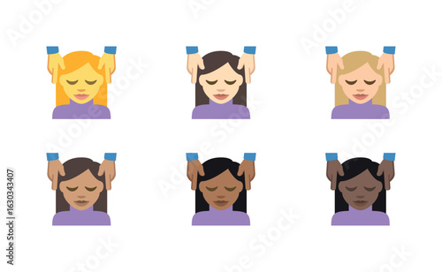 Illustration of six emojis depicting a person receiving a head massage with varying skin tones