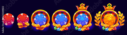 Casino roulette rating rank badges, gambling game level progress stage vector icons. Cartoon roulette wheels and chips, gold coins and gems, crowns and laurel wreath rank badges, casino game UI assets