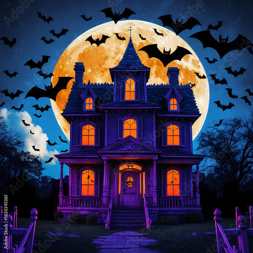 Spooky Haunted House with Full Moon