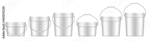 White plastic buckets with metal handle and lid. Vector mockup of a food or building mixtures packaging. A bucket of paint or putty. Small, medium and large sizes