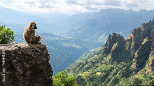 A monkey sits on a rocky outcrop overlooking a valley, framed by distant mountains