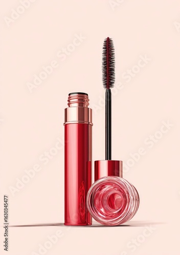 Red mascara tube and wand, product shot
