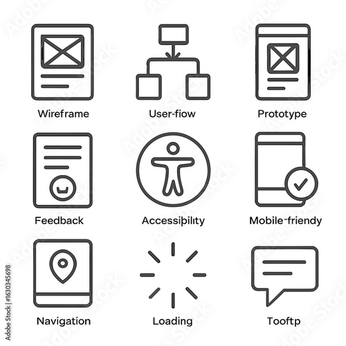 User Interface Icons. Outline icon set of user experience and interface: wireframe, user flow, prototype, feedback form,