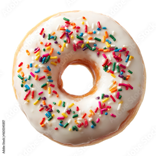A delicious white frosted donut adorned with a colorful assortment of rainbow sprinkles presented against a stark black background for a striking visual