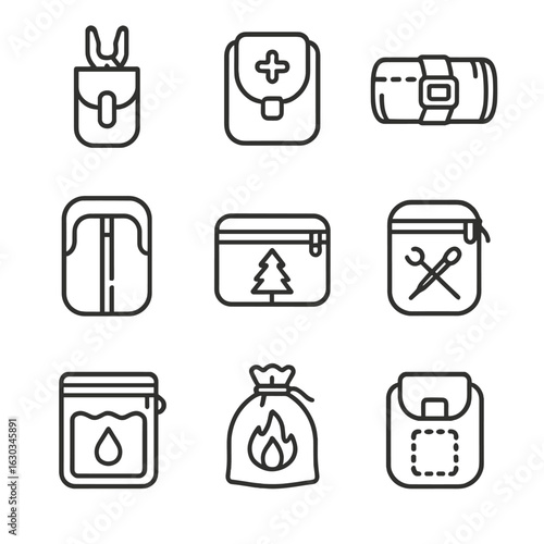 Utility Pouch Icons. Outline icon set of utility pouches: multitool pouch, medical pouch, tool roll pouch, emergency pouch,
