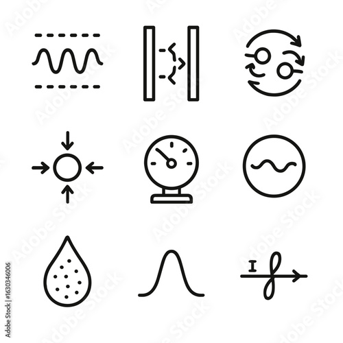 Vacuum Energy Icon Set. Outline icon set of vacuum energy phenomena: zero-point fluctuation, Casimir plates, virtual particle pair
