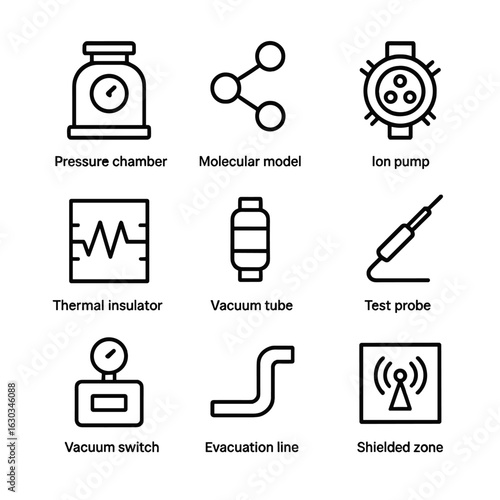 Vacuum Experiment Icons. Outline icon set of vacuum experiment components: pressure chamber, molecular model, ion pump, thermal