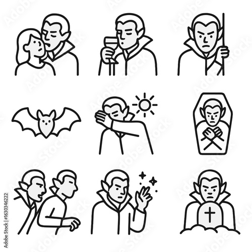 Vampire Activity Icons. Outline icon set of vampire activities: biting neck, drinking blood, lurking in shadows, transforming into