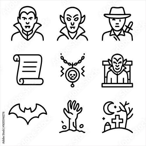Vampire Mythology Icons. Outline icon set of vampire myths and legends: Dracula, Nosferatu, vampire hunter, ancient scroll, cursed