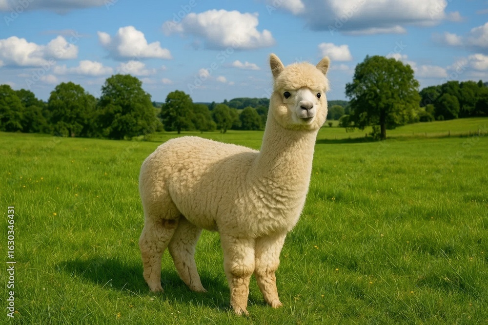 Fototapeta premium A lone alpaca stands majestically amidst a verdant field under the watchful gaze of a clear blue sky, embodying the tranquil beauty of rural life