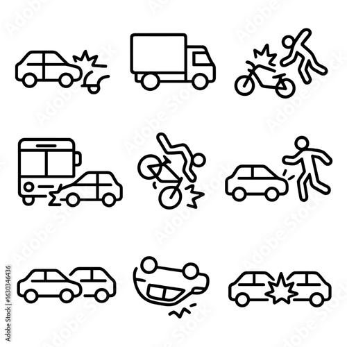 Vehicle Crash Icons. Outline icon set of vehicle crashes: car crash, truck crash, motorcycle accident, bus collision, bicycle
