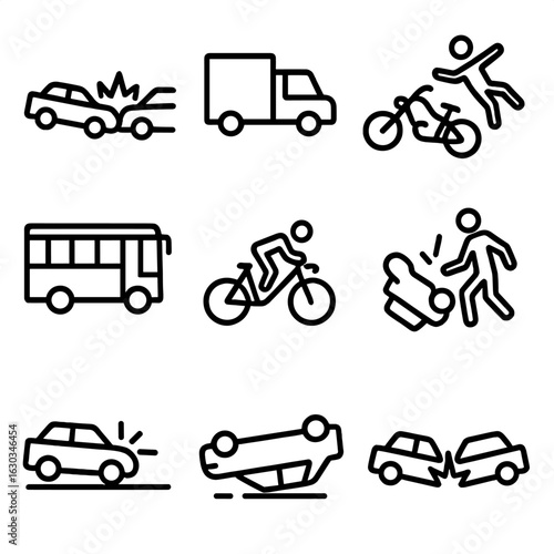 Vehicle Crash Icons. Outline icon set of vehicle crashes: car crash, truck crash, motorcycle accident, bus collision, bicycle