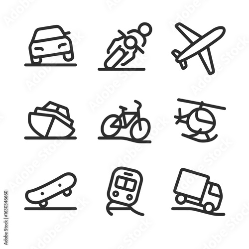 Vehicle Tilt Icons. Outline icon set of vehicle tilt and banking: car leaning, motorcycle bank angle, airplane roll, boat tilt,