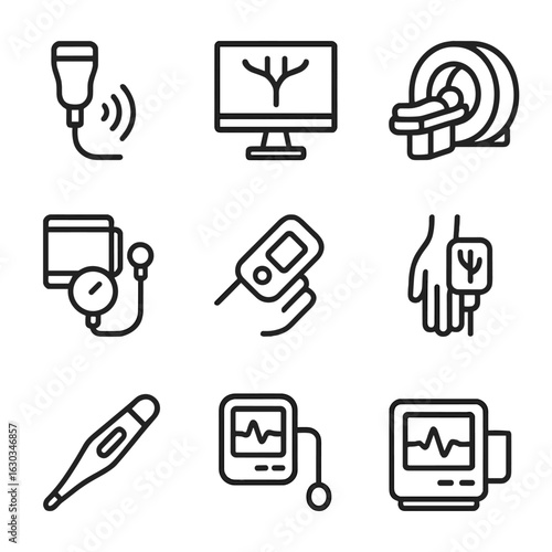 Vein Diagnostic Icons. Outline icon set of diagnostic tools for veins: Doppler ultrasound, venography, MRI scan, CT scan, blood