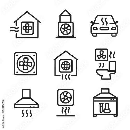 Ventilation Icons Grid. Outline icon set of vent applications: home ventilation, industrial ventilation, vehicle ventilation,