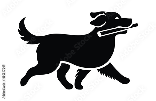 Black silhouette of a dog carrying a stick in its mouth