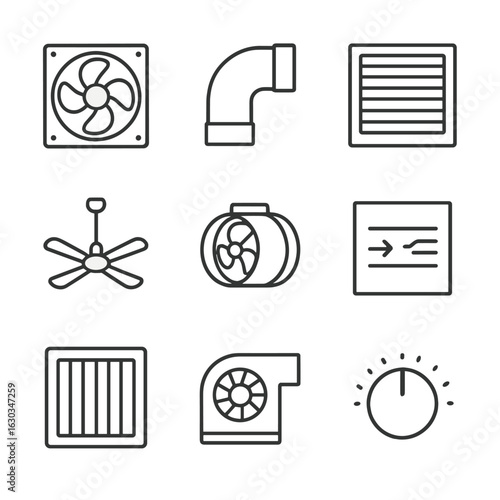 Ventilation System Icons. Outline icon set of ventilation systems: exhaust fan, ductwork outline, intake vent, ceiling fan, inline