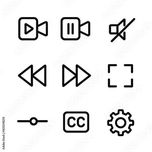 Video Control Icons. Outline icon set of camcorder video playback: play button, pause button, rewind, fast forward, volume control
