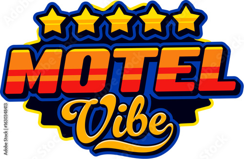 USA motel vibe retro Y2K sticker or symbol. United States of America flag colors Y2K vector label, American country sticker. US patriotic tag with hotel five golden stars and colorful typography