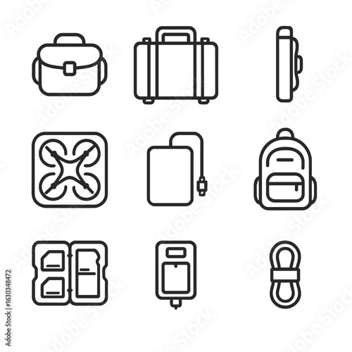 Videography Gear Icons. Outline icon set of videographer transport and storage: camera bag, hard case, tripod bag, drone case,