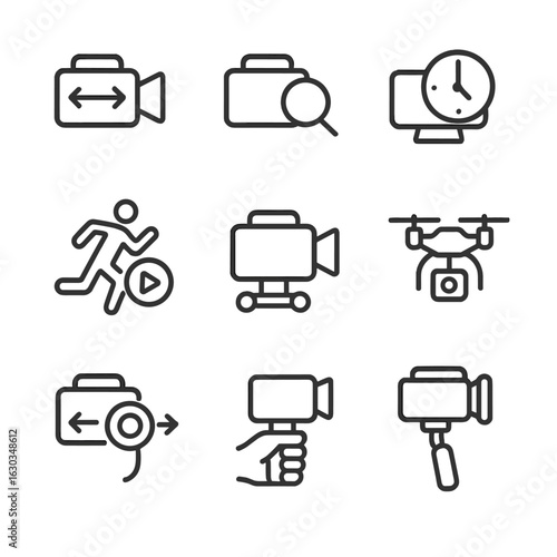 Videography Icon Set. Outline icon set of videography techniques: panning shot, zoom, time lapse, slow motion, tracking shot,