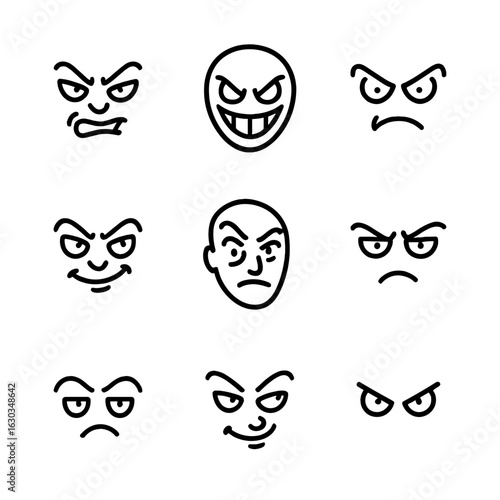 Villain Expression Icons. Outline icon set of villain expressions: sneer, evil grin, glare, sinister smile, raised eyebrow, scowl,
