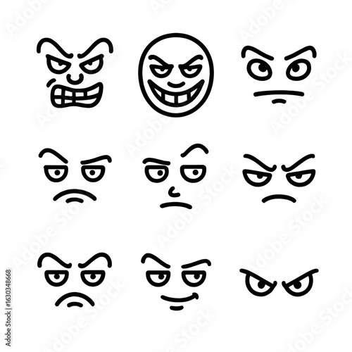 Villain Expression Icons. Outline icon set of villain expressions: sneer, evil grin, glare, sinister smile, raised eyebrow, scowl,