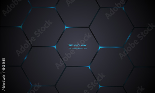 Dark gray hexagonal technology vector abstract background. Blue bright energy flashes under hexagon in modern technology futuristic background vector illustration. Dark gray honeycomb texture grid.