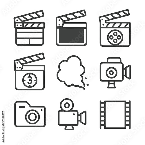 Vintage Film Icons. Outline icon set of vintage clapboard styles: wooden slate, chalk text area, metal hinge, classic clapper