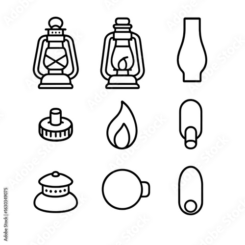 Vintage Lantern Icons. Outline icon set of vintage lanterns: oil reservoir, wick adjuster, glass chimney, metal frame, carrying