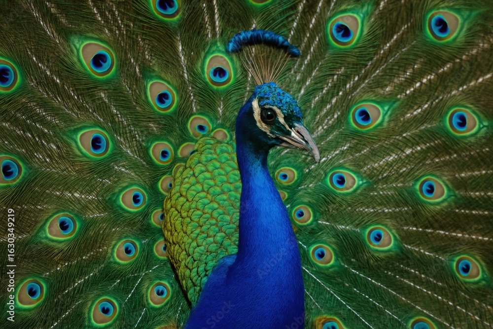 Obraz premium A vibrant peacock showcases its stunning iridescent plumage, with a striking blue head and an array of green feathers radiating around it