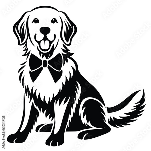 Sitting Golden Retriever Dog with Bow Tie Black and White