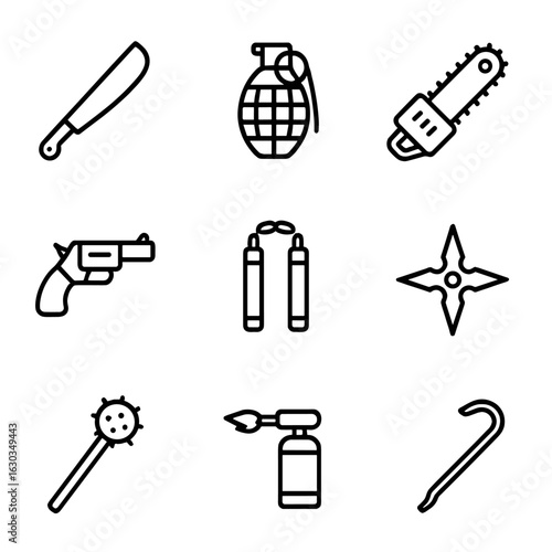 Violent Tools Icons. Outline icon set of violent tools and weapons: machete, grenade, chainsaw, flare gun, nunchaku, throwing star