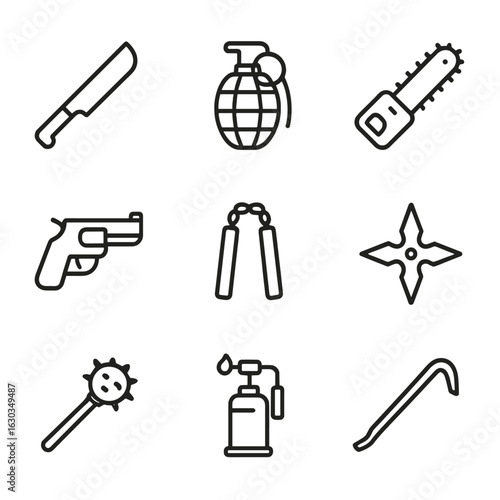 Violent Tools Icons. Outline icon set of violent tools and weapons: machete, grenade, chainsaw, flare gun, nunchaku, throwing star